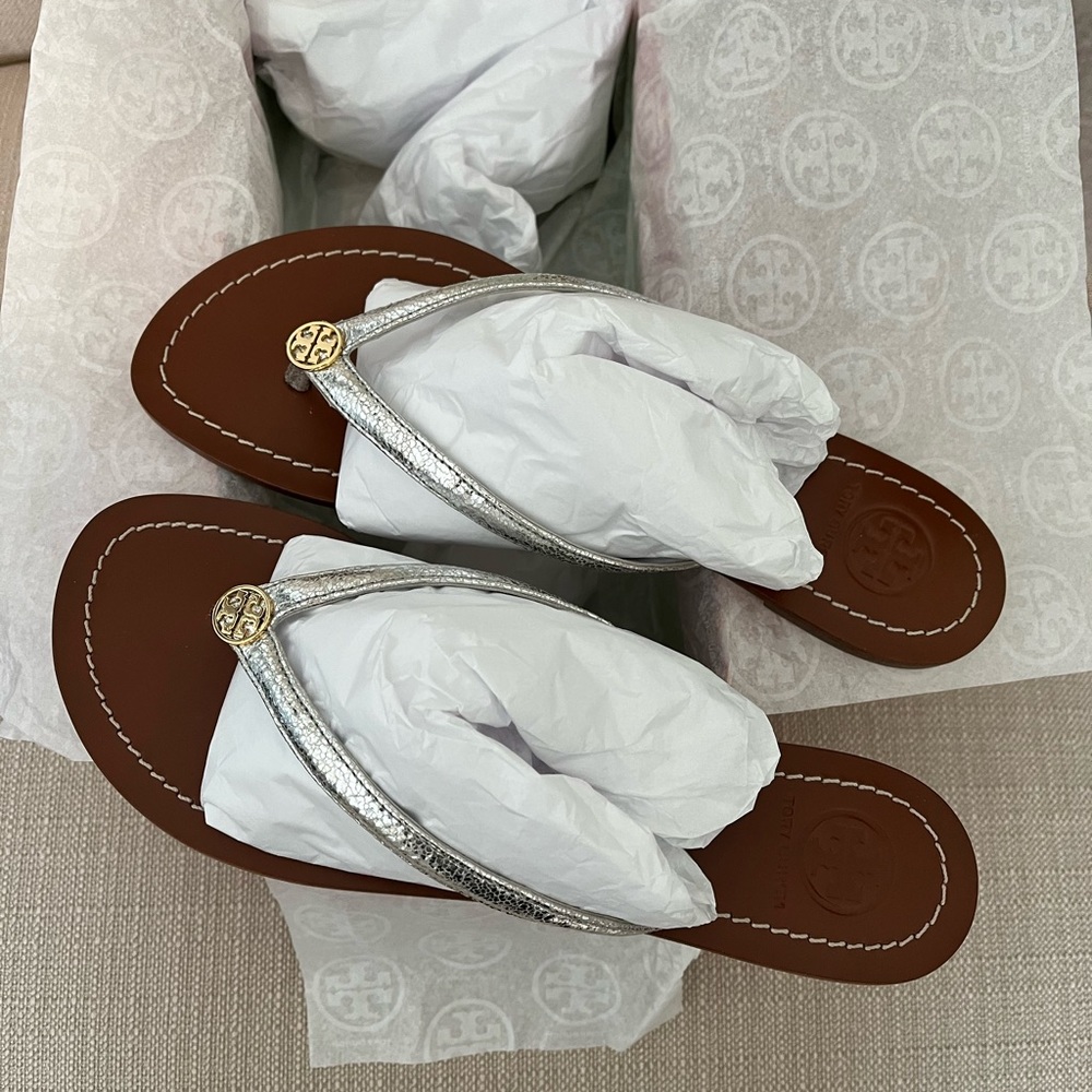 Tory Burch Metallic Silver and Tan Sandals - Picture 5 of 7